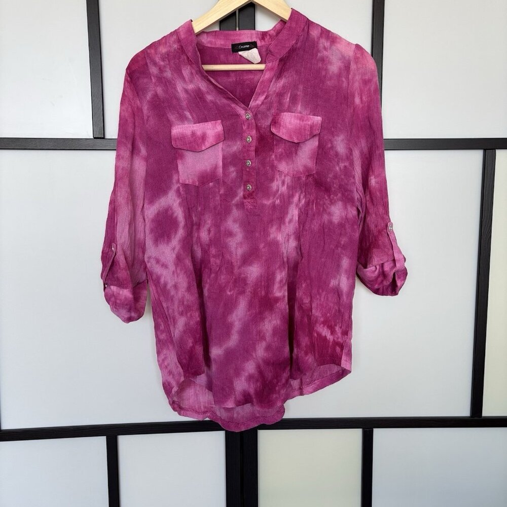 Cocomo Womens Pullover Artsy Top Size XL Magenta Roll Tab Sleeve Beach Travel